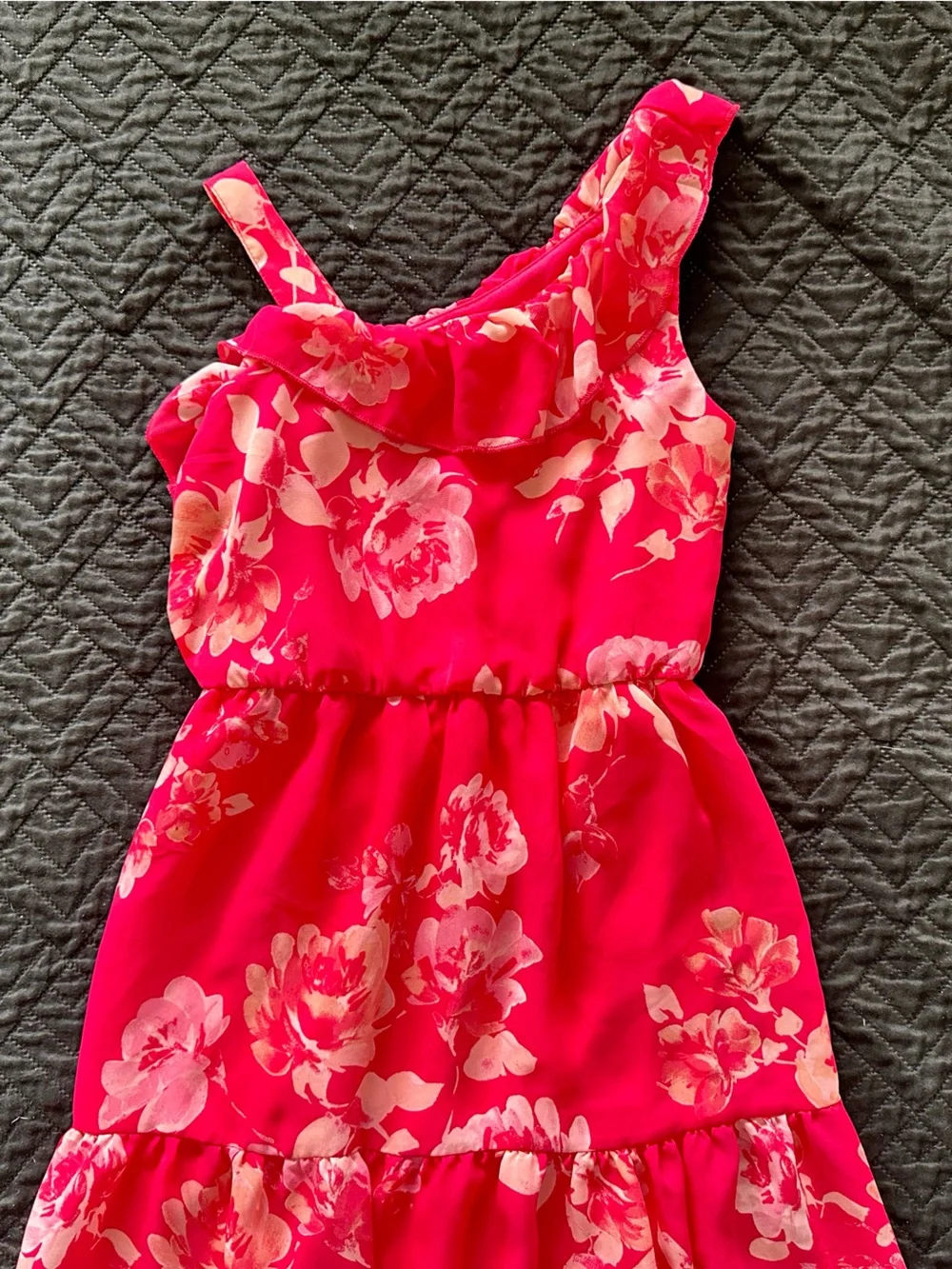 Zhenzi Hot Pink Floral One-Shoulder Tiered Dress